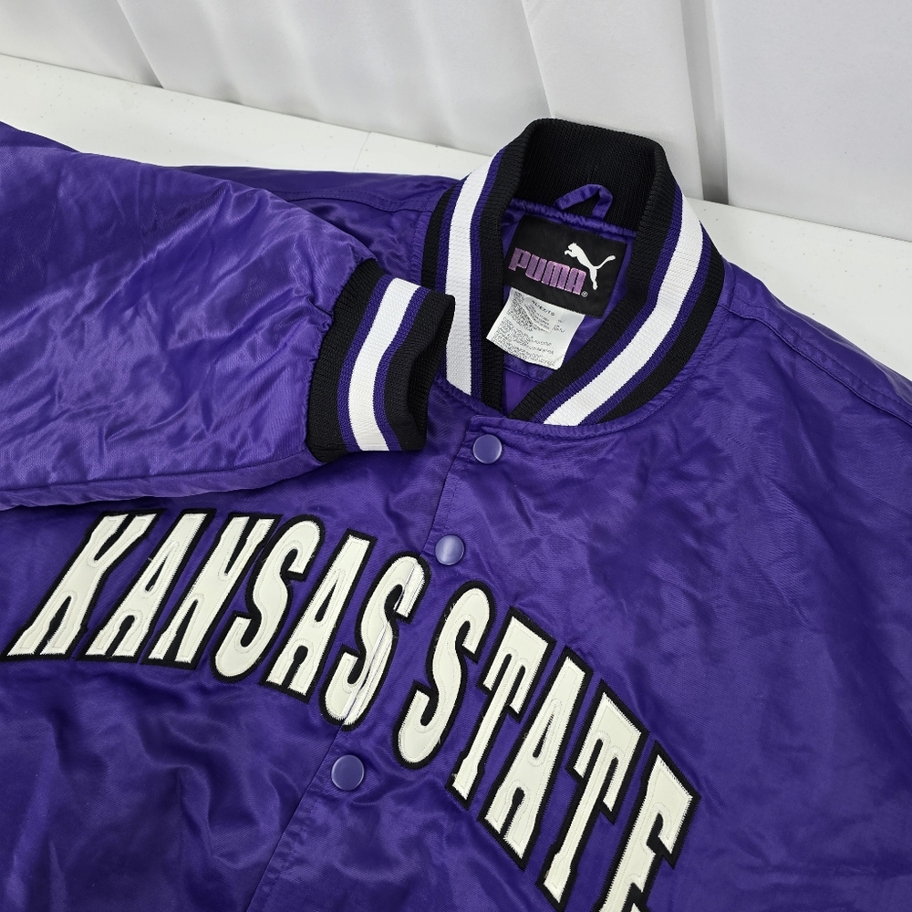Puma Kansas State Wildcats Satin Bomber Jacket Men's Size XL Purple White Rare.